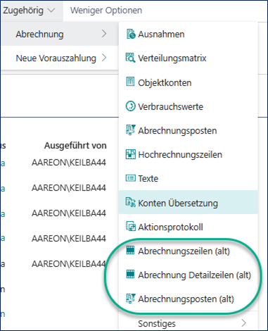 Abrechnungszeilen